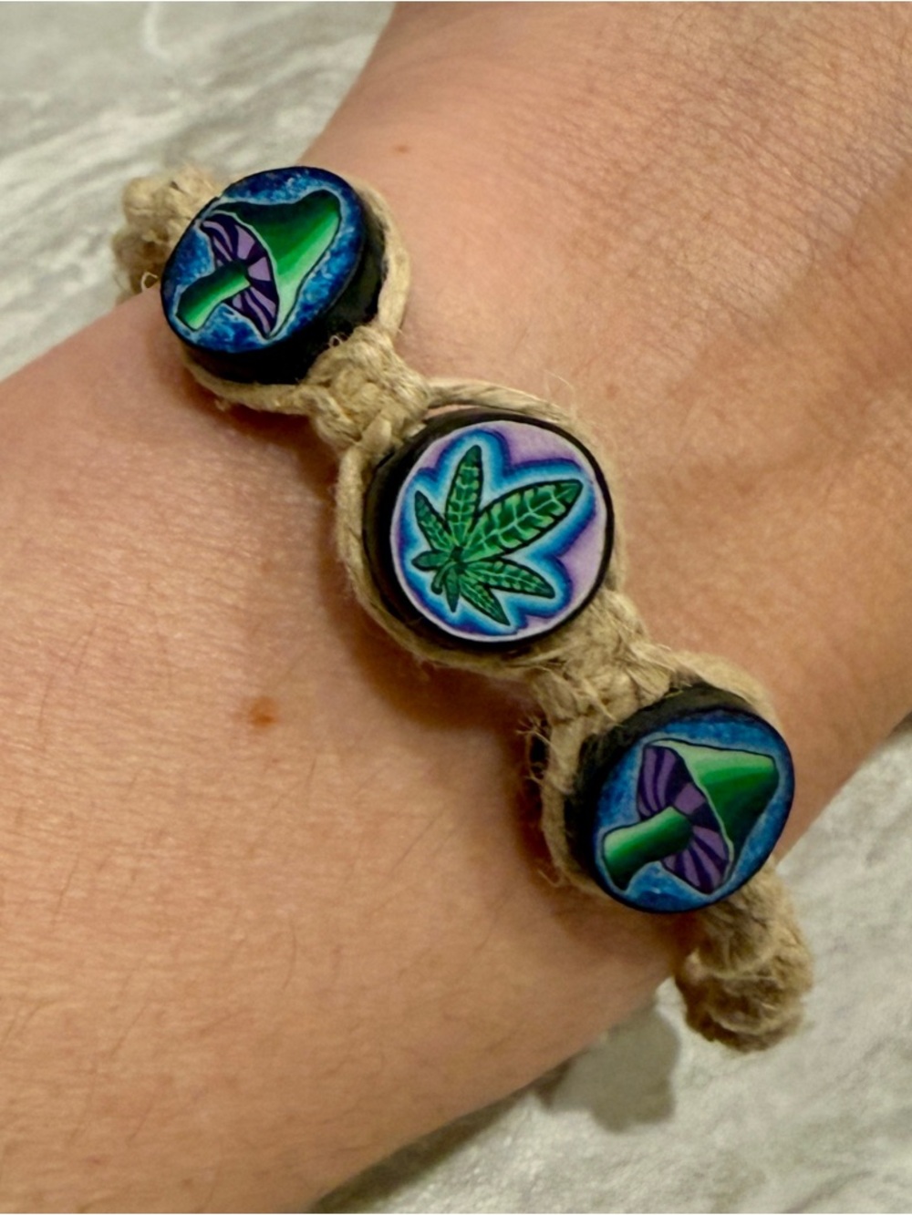 Vintage 90s Mushroom Weed Pot Leaf Hemp Braided Bracelet New Psychedelic Jewelry
